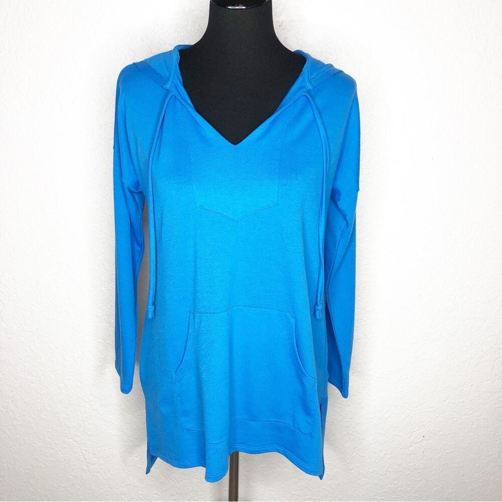 Soft Surroundings blue hooded knit top size Small